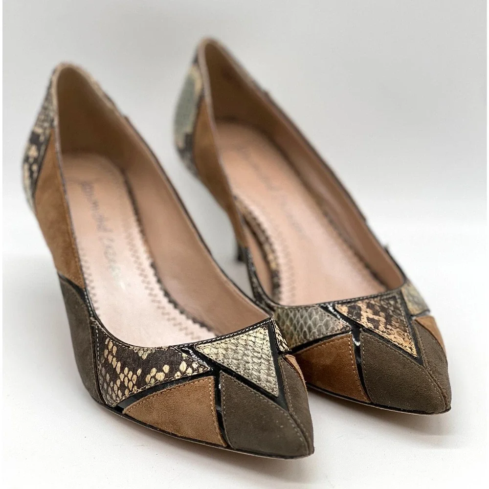 JEAN-MICHEL CAZABAT Pointy Toe Pumps 37 Brown Patchwork Snakeskin Suede Heel